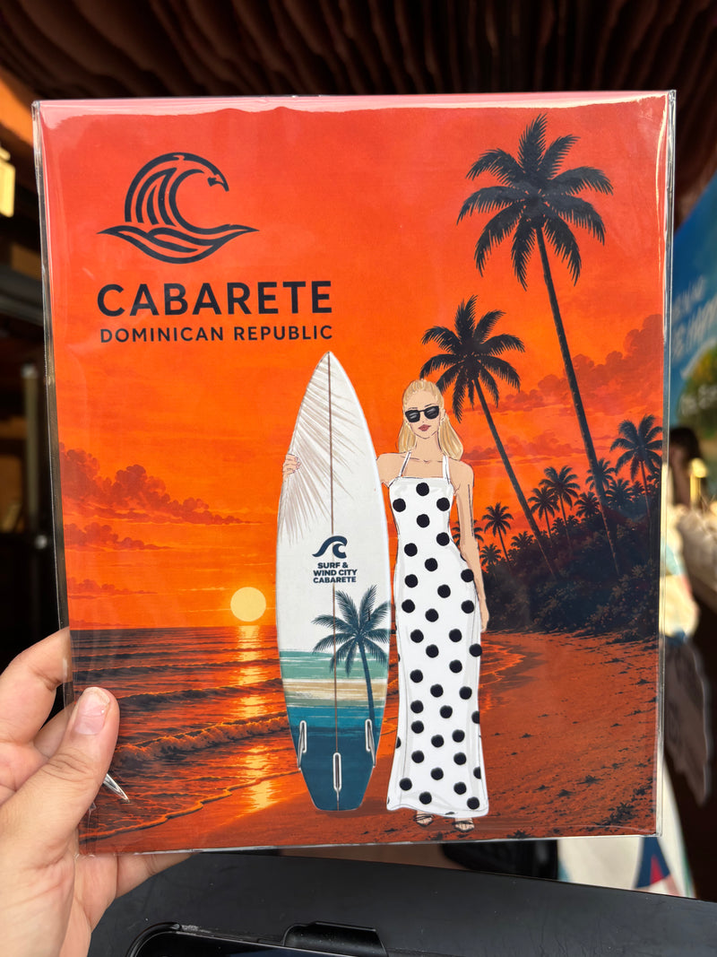 Personalized fashion illustration of an event guest with a branded surfboard, created by Gavi Leveaux for a Cabarete, Dominican Republic brand activation.