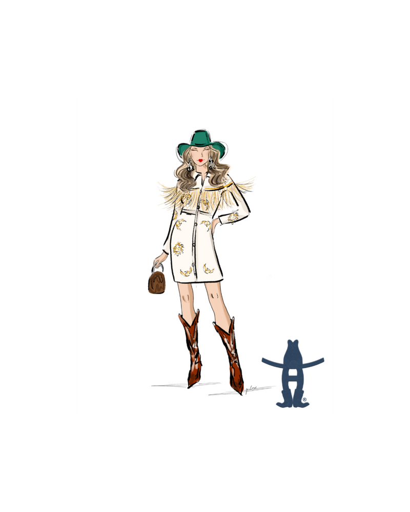 Custom digital fashion illustration by Gavi Leveaux, showcasing personalized guest artwork created for corporate events and brand activations.