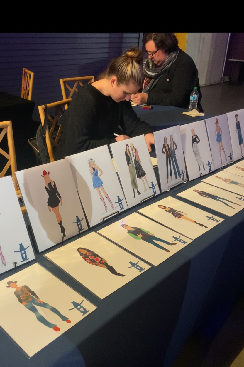 Gavi Leveaux creating live fashion illustrations for guests at a Houston Livestock Show and Rodeo corporate event in Houston, Texas.