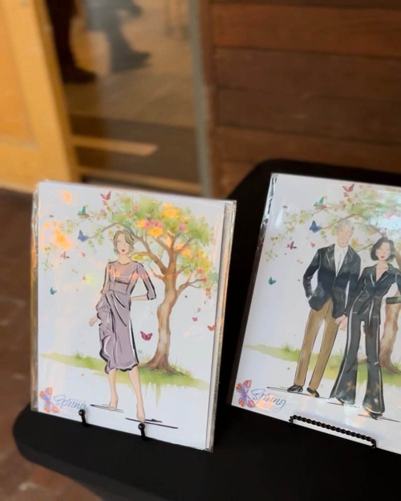custom guest fashion illustrations displayed during the Wings of Spring Gala at the Dallas Arboretum
