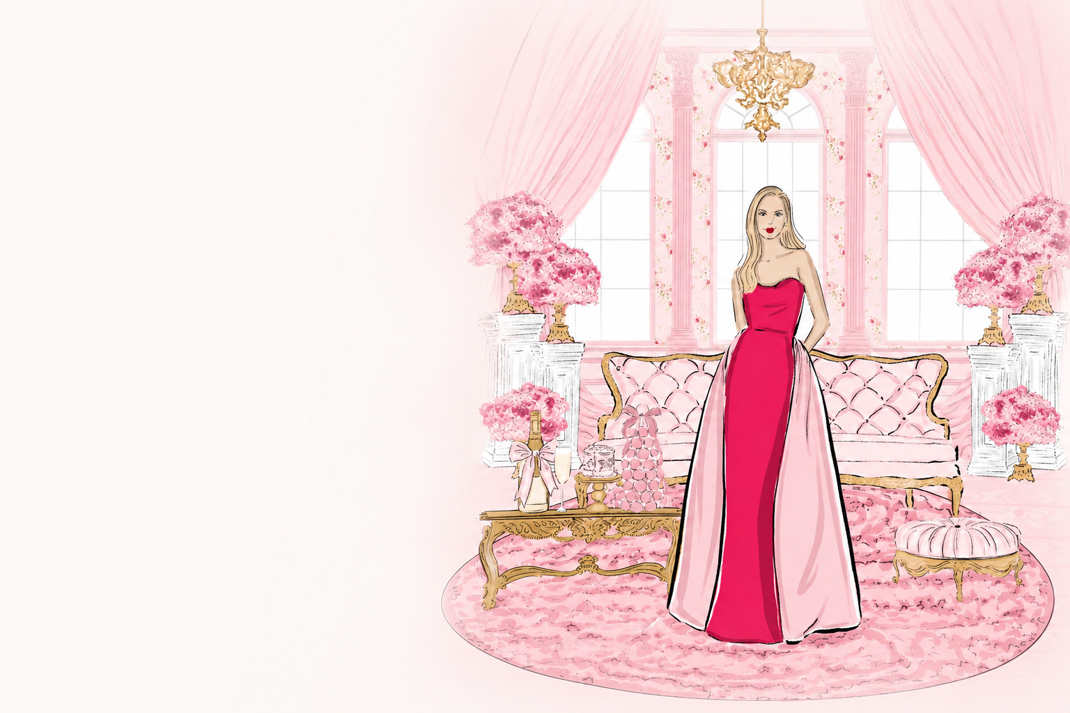 Gavi Leveaux fashion illustration featuring an elegantly dressed woman in a pink editorial setting, representing live fashion illustration for weddings, corporate events and brand activations.
