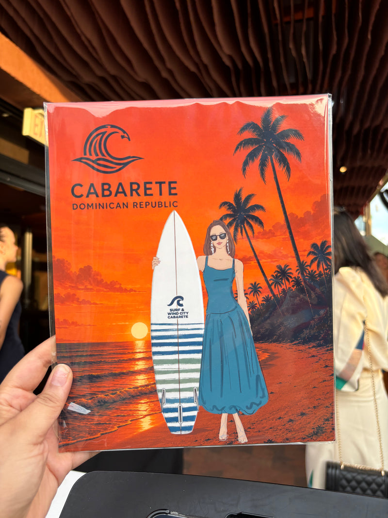 Personalized guest fashion illustration created by Gavi Leveaux for a destination event featuring Surf & Wind City Cabarete in the Dominican Republic.