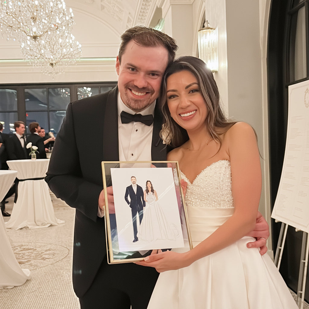 Bride and groom posing with their custom live wedding illustration at Le Tesserae in Houston.