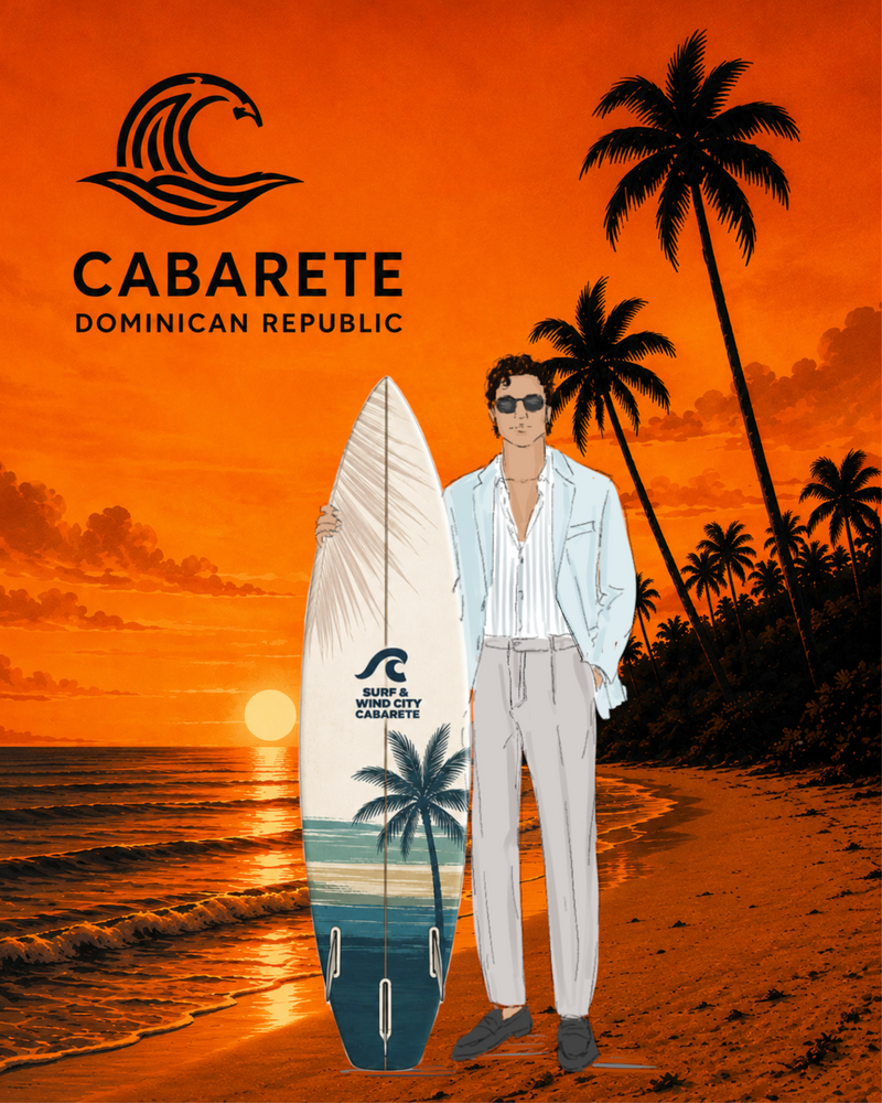 Custom guest illustration featuring a personalized fashion portrait and branded surfboard, created by Gavi Leveaux for a destination event in Cabarete, Dominican Republic.