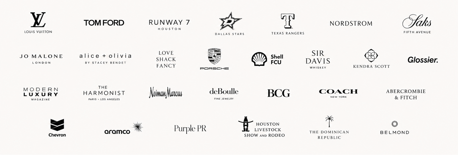 A curated collection of trusted brands and celebrations featuring Gavi Leveaux illustrations, shown as a grid of logos on a light beige background. Visible brands include Louis Vuitton, Tom Ford, Runway 7, Nordstrom, Saks, Jo Malone, Love Funk, BCG, Coach, and Belmond.