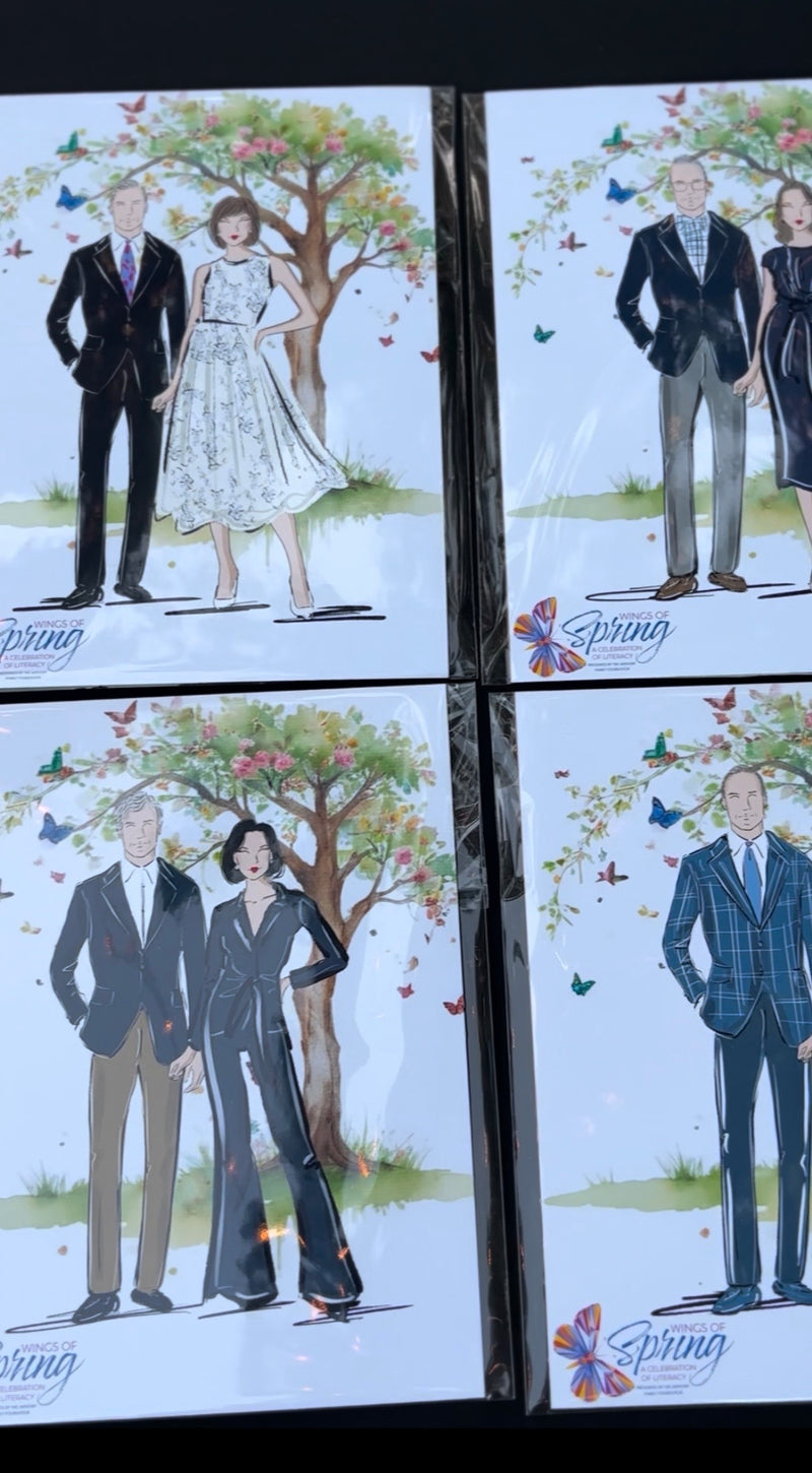 Collection of personalized guest fashion illustrations completed by Gavi Leveaux during the Wings of Spring Gala, showcasing live illustration as an interactive gala event experience.