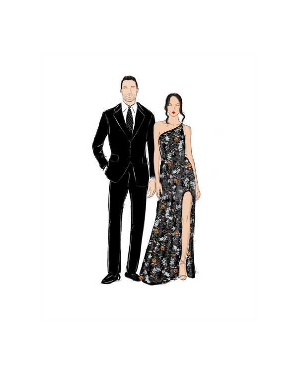Hand-drawn guest illustration displayed as a personalized wedding favor.